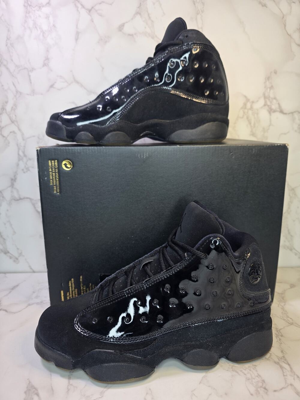 Jordan Air Jordan 13 Retro Black Leather Mid Top Sneakers Kids US 6.5Y